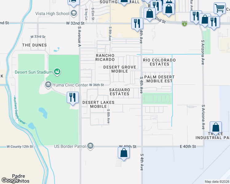 map of restaurants, bars, coffee shops, grocery stores, and more near 3670 South Yucca Drive in Yuma