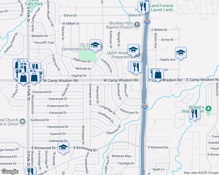 map of restaurants, bars, coffee shops, grocery stores, and more near 7119 Arborcrest Drive in Dallas