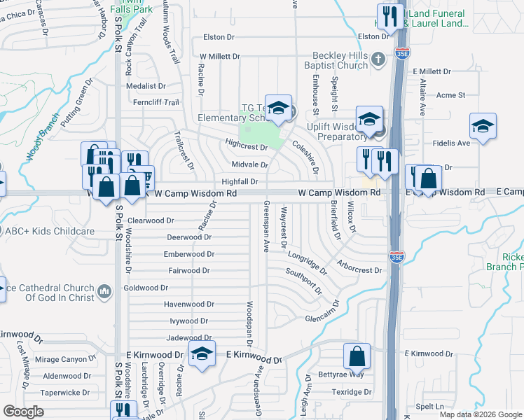 map of restaurants, bars, coffee shops, grocery stores, and more near 7123 Greenspan Avenue in Dallas