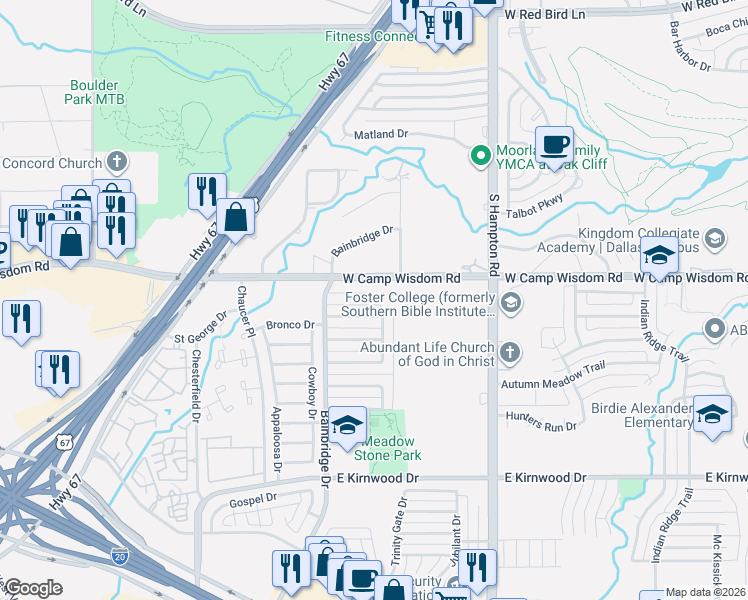 map of restaurants, bars, coffee shops, grocery stores, and more near 2717 Meadow Dawn Lane in Dallas