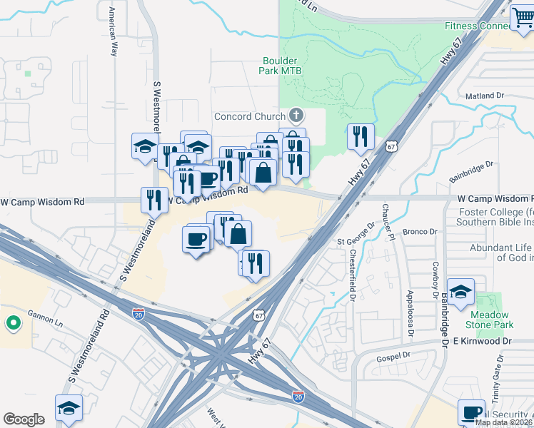 map of restaurants, bars, coffee shops, grocery stores, and more near 3228 West Camp Wisdom Road in Dallas