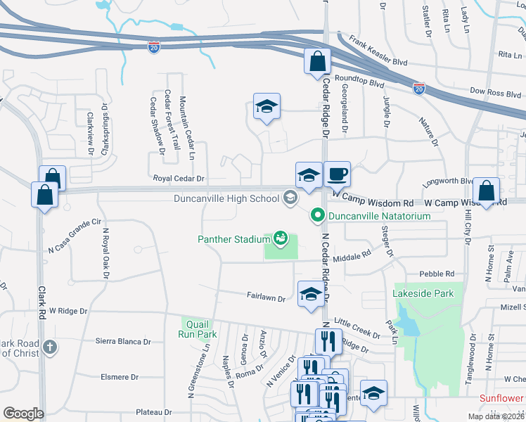 map of restaurants, bars, coffee shops, grocery stores, and more near 900 West Camp Wisdom Road in Duncanville