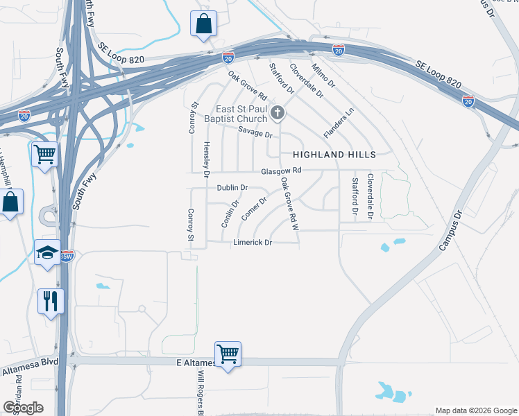 map of restaurants, bars, coffee shops, grocery stores, and more near 5640 De Cory Road in Fort Worth
