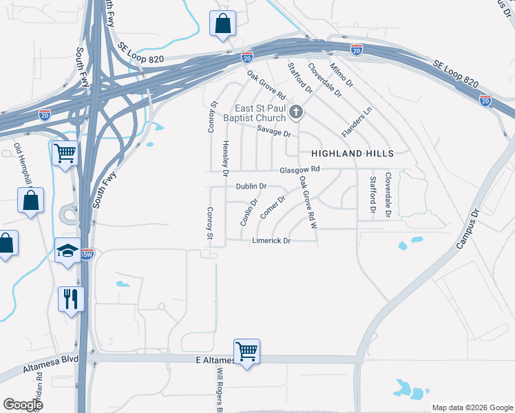 map of restaurants, bars, coffee shops, grocery stores, and more near 5633 Conlin Drive in Fort Worth
