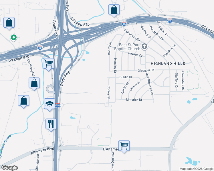 map of restaurants, bars, coffee shops, grocery stores, and more near 5628 Conroy Street in Fort Worth