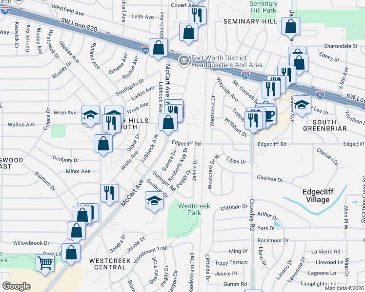 map of restaurants, bars, coffee shops, grocery stores, and more near 5804 Kimberly Kay Drive in Fort Worth