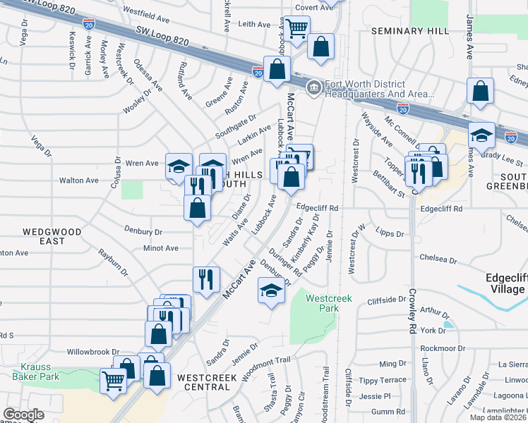 map of restaurants, bars, coffee shops, grocery stores, and more near 5809 Lubbock Avenue in Fort Worth