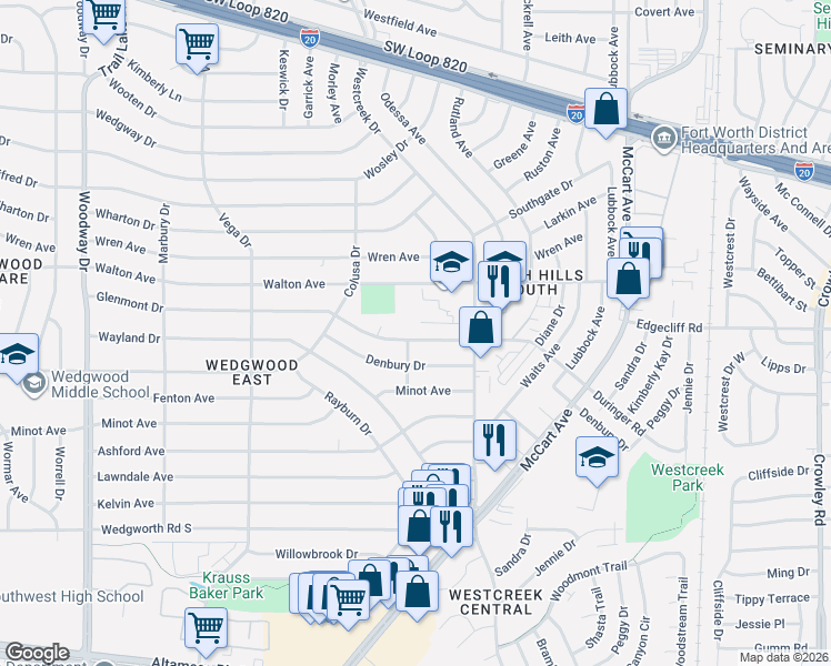 map of restaurants, bars, coffee shops, grocery stores, and more near 3301 Glenmont Drive in Fort Worth