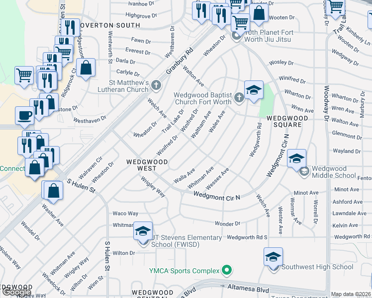 map of restaurants, bars, coffee shops, grocery stores, and more near 5812 Wales Avenue in Fort Worth