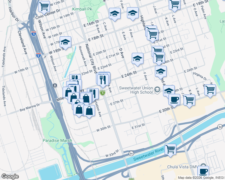 map of restaurants, bars, coffee shops, grocery stores, and more near 2511 A Avenue in National City