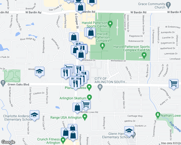 map of restaurants, bars, coffee shops, grocery stores, and more near Villa Brook Lane in Arlington
