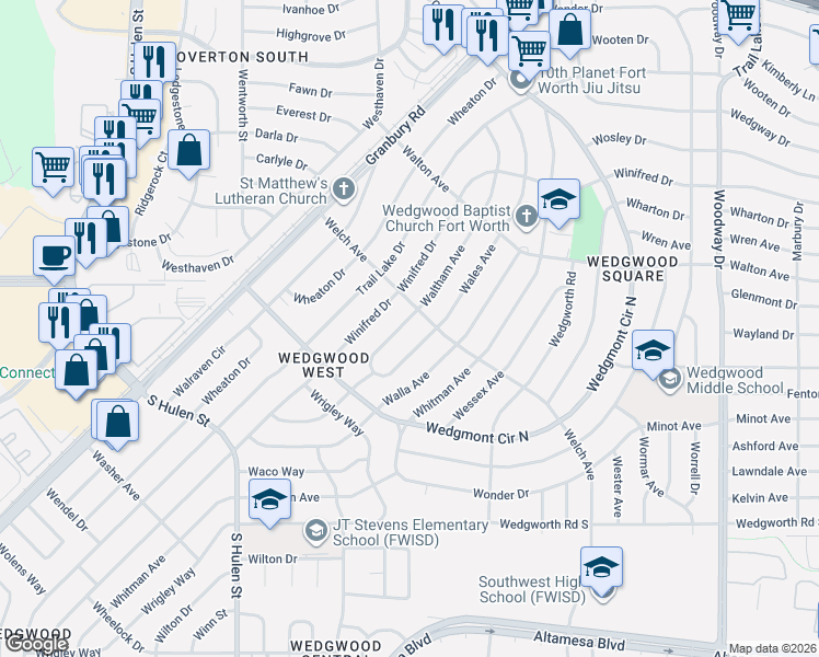 map of restaurants, bars, coffee shops, grocery stores, and more near 5812 Wales Avenue in Fort Worth