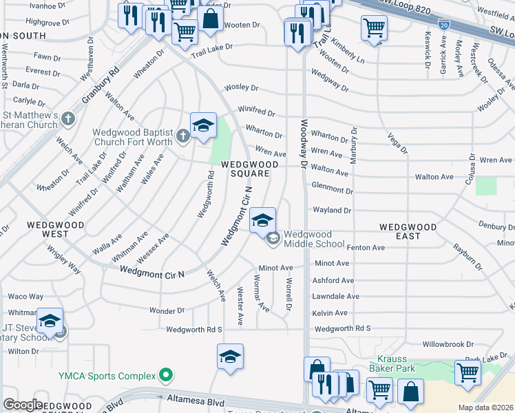 map of restaurants, bars, coffee shops, grocery stores, and more near 5636 Wimbleton Way in Fort Worth