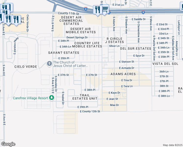 map of restaurants, bars, coffee shops, grocery stores, and more near 3707 South Kimball Avenue in Yuma