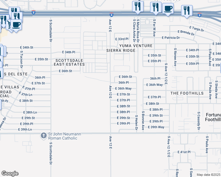 map of restaurants, bars, coffee shops, grocery stores, and more near 12277 E 36th Way in Yuma
