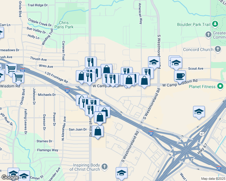 map of restaurants, bars, coffee shops, grocery stores, and more near 4210 West Camp Wisdom Road in Dallas
