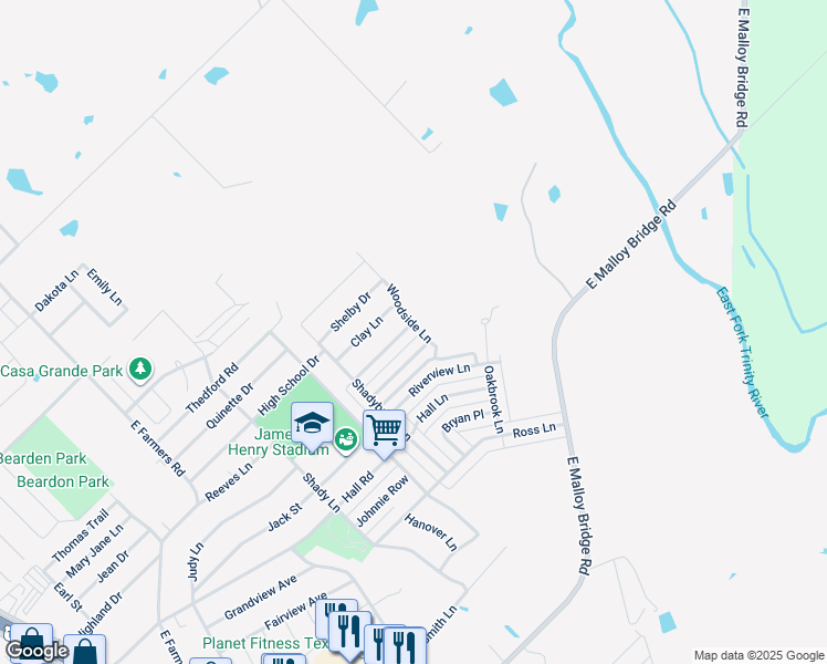 map of restaurants, bars, coffee shops, grocery stores, and more near 1236 Brittany Way in Seagoville