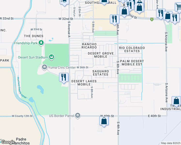 map of restaurants, bars, coffee shops, grocery stores, and more near 831 West 36th Place in Yuma