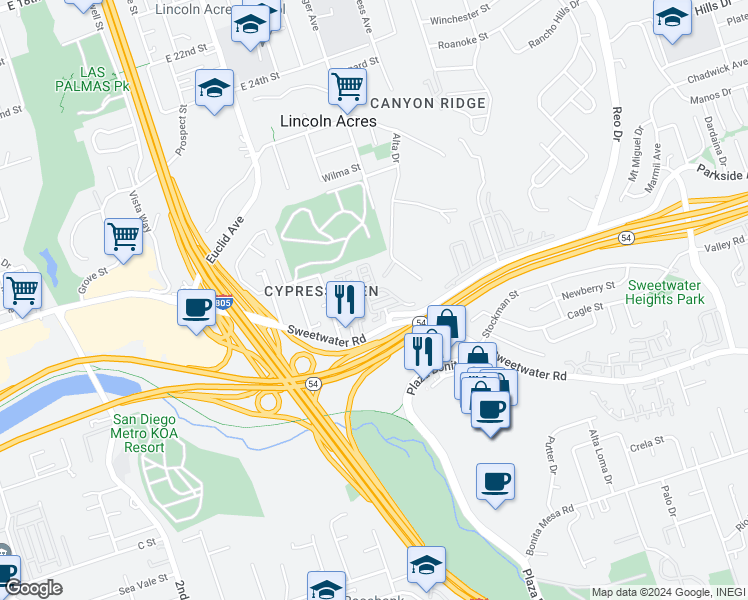 map of restaurants, bars, coffee shops, grocery stores, and more near 26 C Street in National City