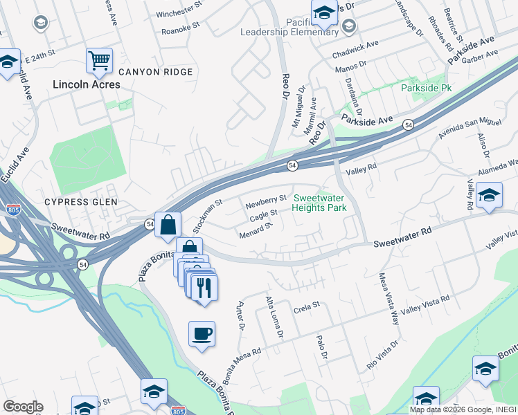 map of restaurants, bars, coffee shops, grocery stores, and more near 3448 Menard Street in National City