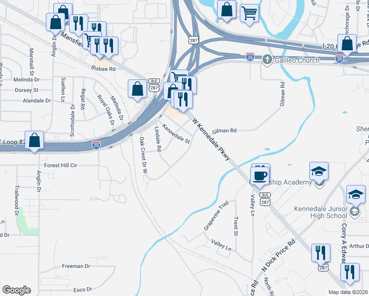 map of restaurants, bars, coffee shops, grocery stores, and more near 6712 Oak Crest Drive East in Everman