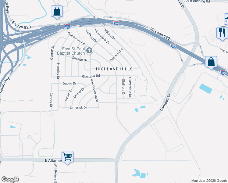 map of restaurants, bars, coffee shops, grocery stores, and more near 1432 Hazel Leigh Lane in Fort Worth