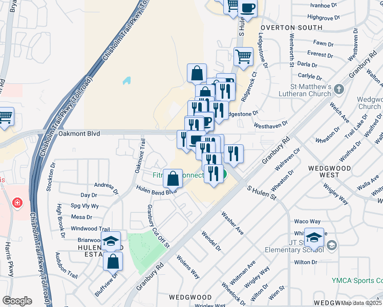 map of restaurants, bars, coffee shops, grocery stores, and more near 6218 Hulen Bend Boulevard in Fort Worth