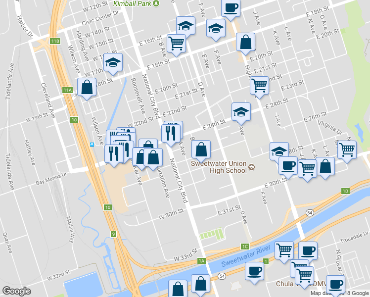 map of restaurants, bars, coffee shops, grocery stores, and more near 2509 A Avenue in National City