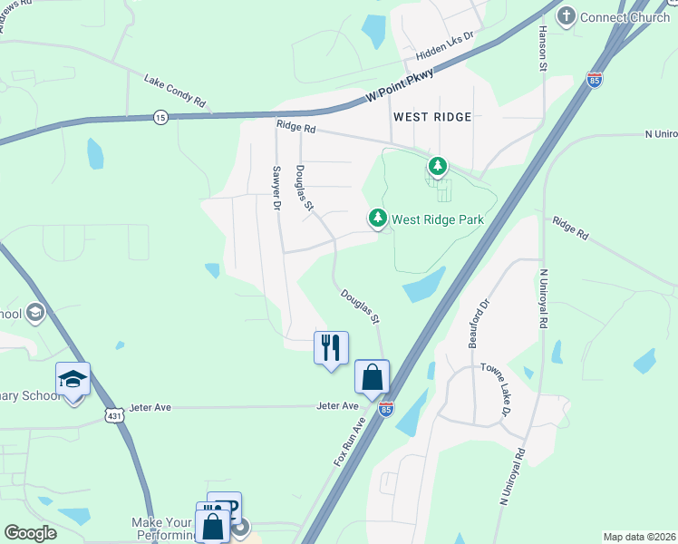 map of restaurants, bars, coffee shops, grocery stores, and more near 1205 Douglas Street in Opelika