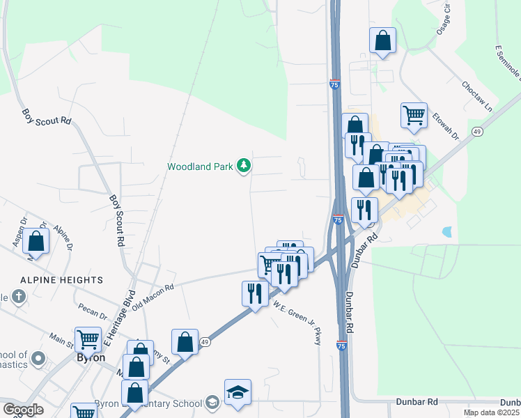 map of restaurants, bars, coffee shops, grocery stores, and more near 124 Woodland Drive in Byron