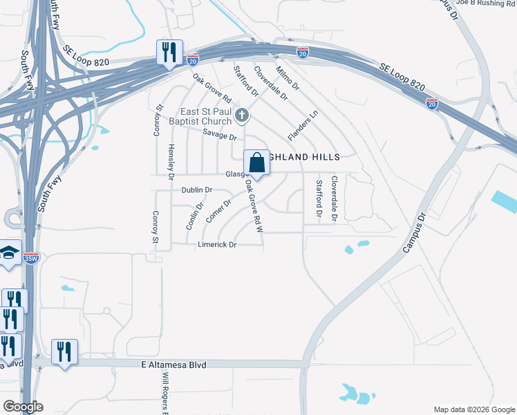 map of restaurants, bars, coffee shops, grocery stores, and more near 1408 Hazel Leigh Lane in Fort Worth