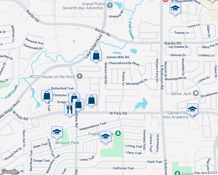map of restaurants, bars, coffee shops, grocery stores, and more near 1211 Darbytown Road in Grand Prairie