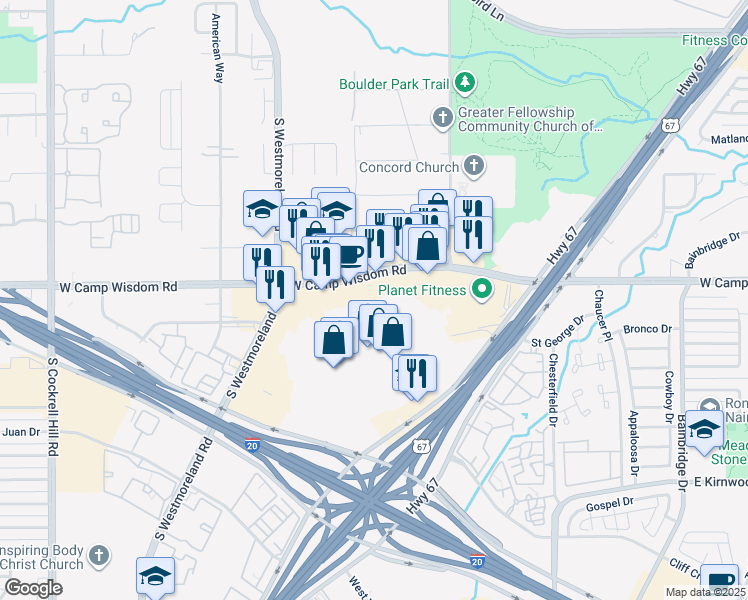 map of restaurants, bars, coffee shops, grocery stores, and more near 3560 West Camp Wisdom Road in Dallas
