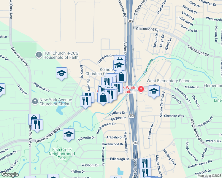 map of restaurants, bars, coffee shops, grocery stores, and more near 2425 Southeast Green Oaks Boulevard in Arlington