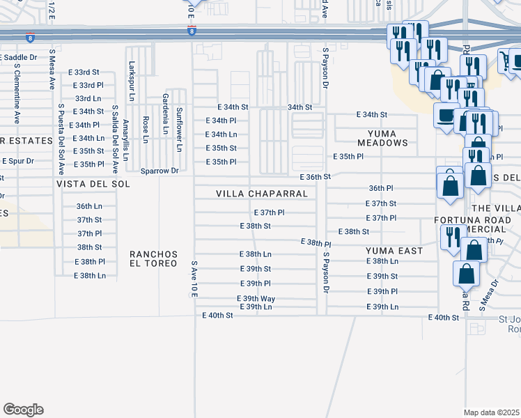 map of restaurants, bars, coffee shops, grocery stores, and more near 10310 East 37th Place in Yuma