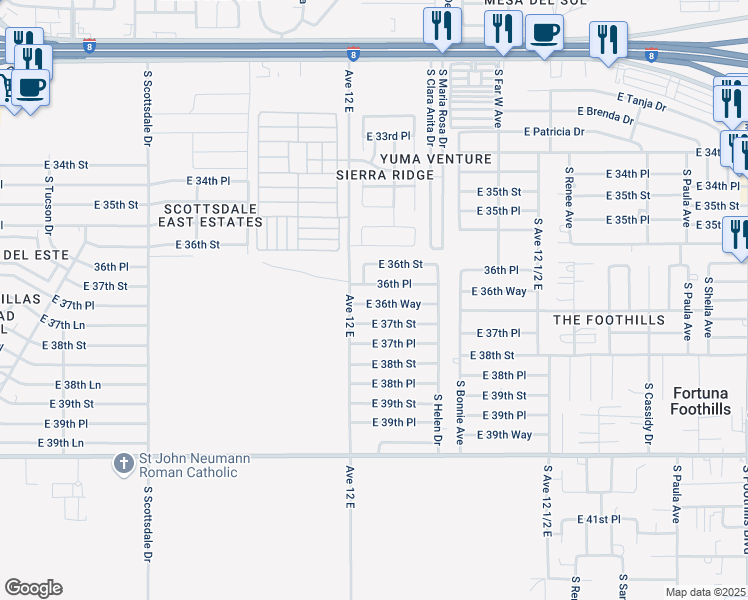 map of restaurants, bars, coffee shops, grocery stores, and more near 12101-12277 East 36th Way in Yuma