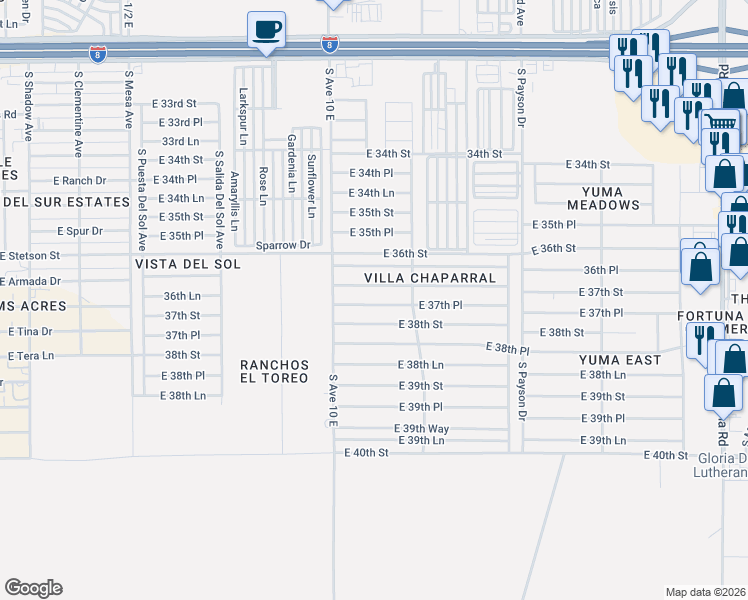 map of restaurants, bars, coffee shops, grocery stores, and more near 10165 East 37th Place in Yuma