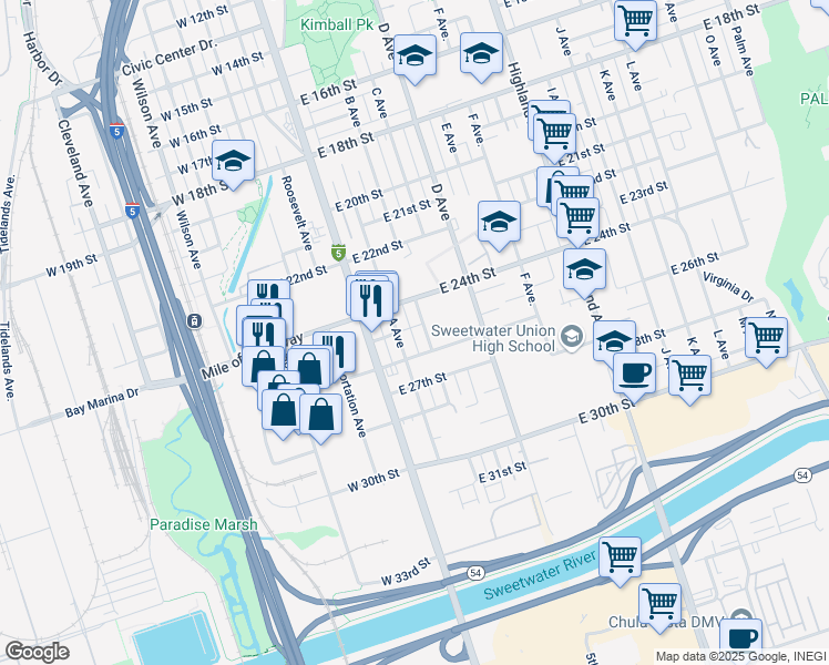 map of restaurants, bars, coffee shops, grocery stores, and more near 2530 B Avenue in National City