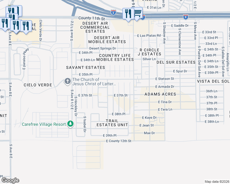 map of restaurants, bars, coffee shops, grocery stores, and more near 3703 South Organ Pipe Drive in Yuma
