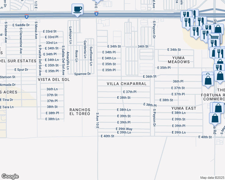 map of restaurants, bars, coffee shops, grocery stores, and more near 10202 East 37th Place in Yuma