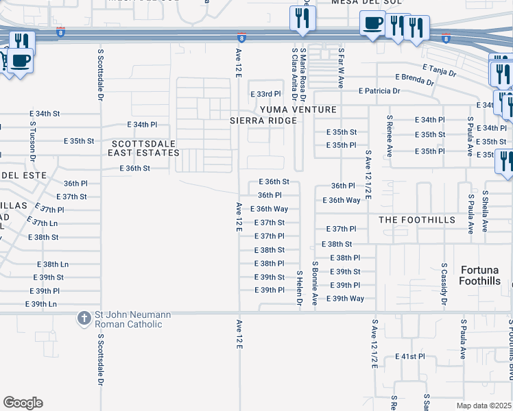 map of restaurants, bars, coffee shops, grocery stores, and more near 12101-12277 East 36th Way in Yuma
