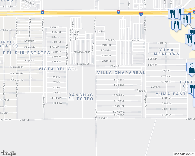 map of restaurants, bars, coffee shops, grocery stores, and more near 9570 East 37th Place in Yuma