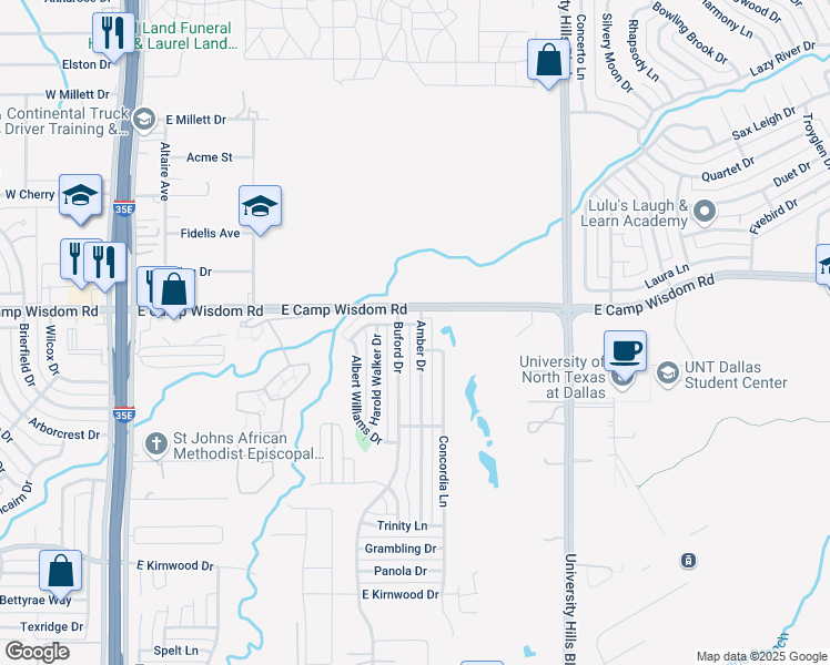 map of restaurants, bars, coffee shops, grocery stores, and more near 7121 Amber Drive in Dallas