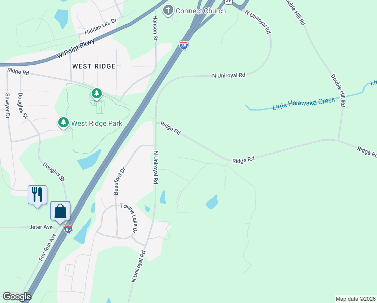 map of restaurants, bars, coffee shops, grocery stores, and more near 2117 Ridge Road in Opelika