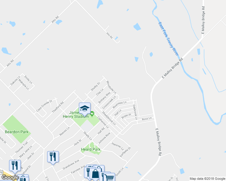 map of restaurants, bars, coffee shops, grocery stores, and more near 1084 Woodside Lane in Seagoville