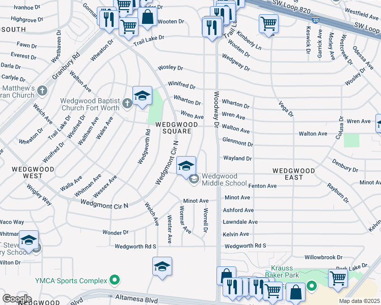 map of restaurants, bars, coffee shops, grocery stores, and more near 5641 Wonder Drive in Fort Worth