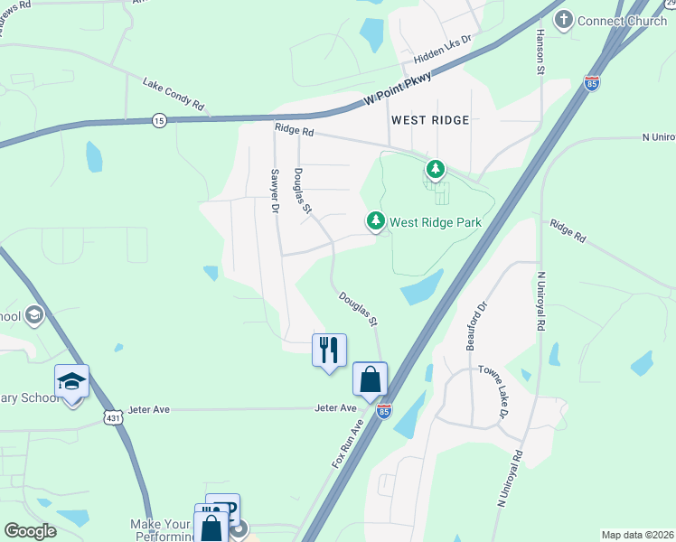 map of restaurants, bars, coffee shops, grocery stores, and more near 1205 Douglas Street in Opelika