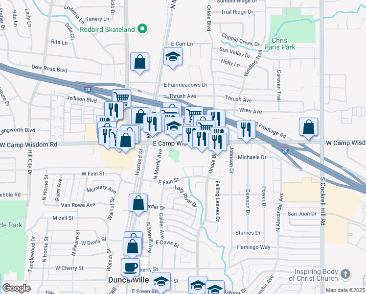 map of restaurants, bars, coffee shops, grocery stores, and more near 338 East Camp Wisdom Road in Duncanville