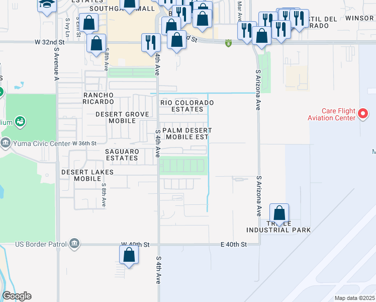 map of restaurants, bars, coffee shops, grocery stores, and more near Mesa Verde Way in Yuma