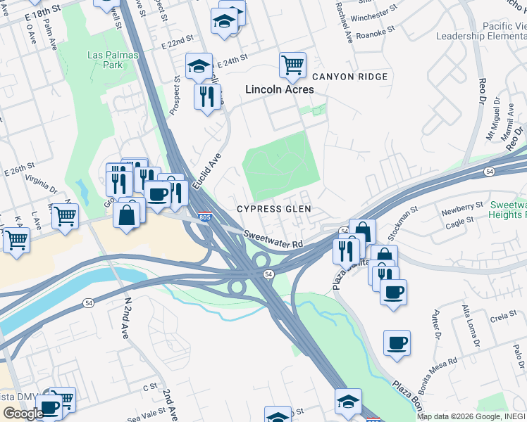 map of restaurants, bars, coffee shops, grocery stores, and more near 3315 Orange Street in National City